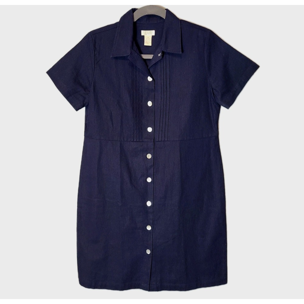 Vtg 90s Minimalist Shirt Dress Luxury Linen Sz 12 Preppy Classic Tailored Navy